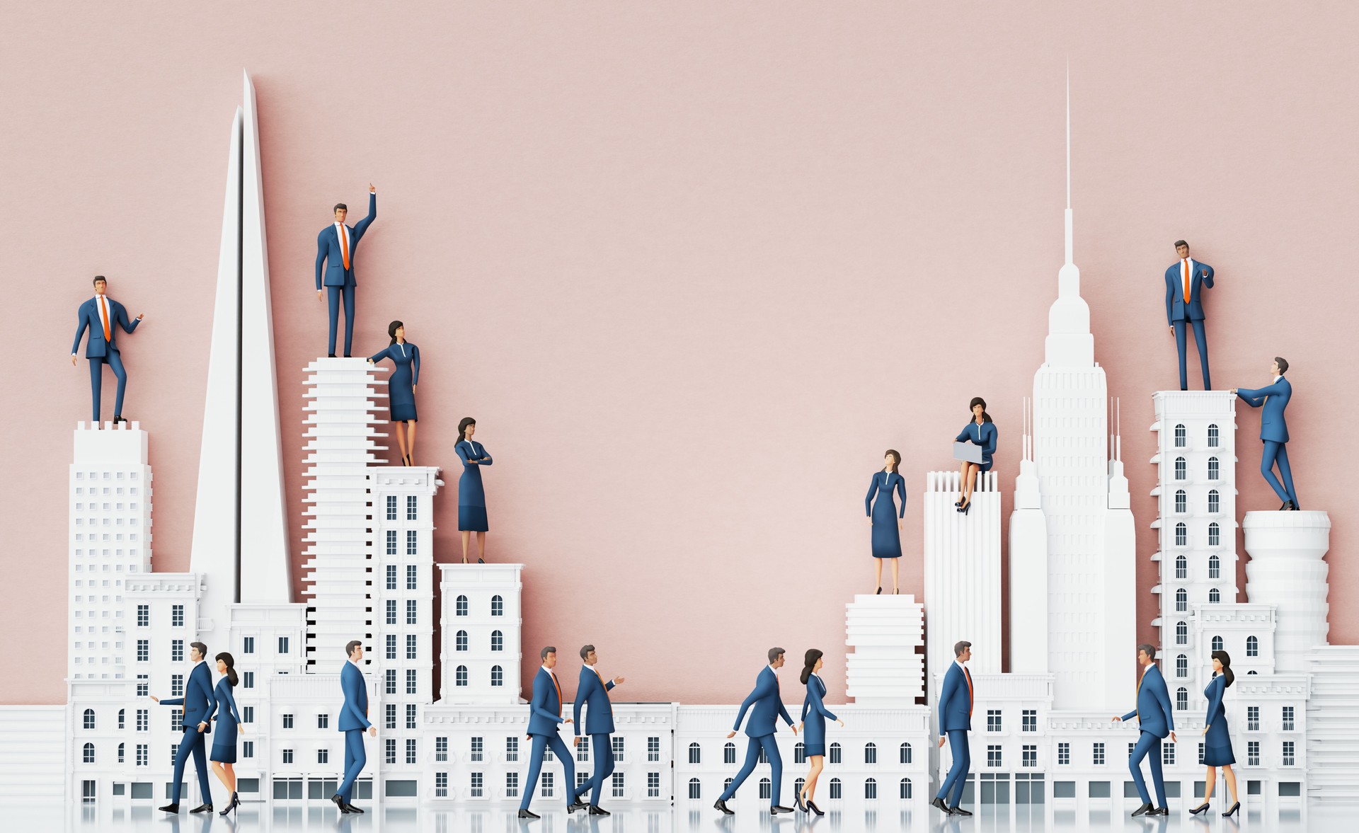 Les hommes d’affaires restent au sommet des gratte-ciel de la ville. Croissance des entreprises et succès financier dans l’horizon urbain – Illustration conceptuelle. Rendu 3D